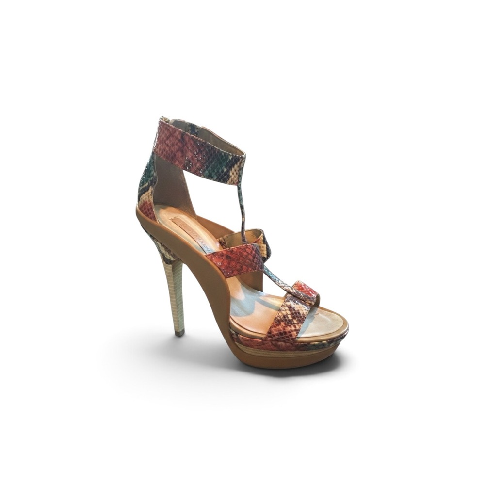 BCBGMAXAZRIA Platform Sandals 8B Multicolor Snakeskin T-Strap Stiletto Glam